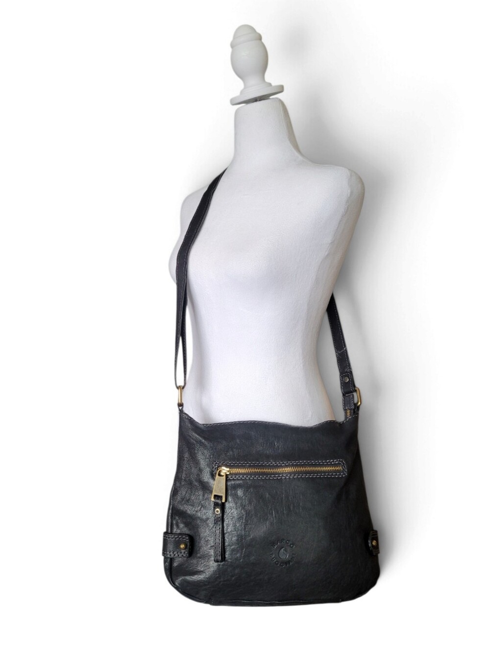 Marco Buggiani Italian Leather Crossbody Bag with Front Zip Pocket Brass Black